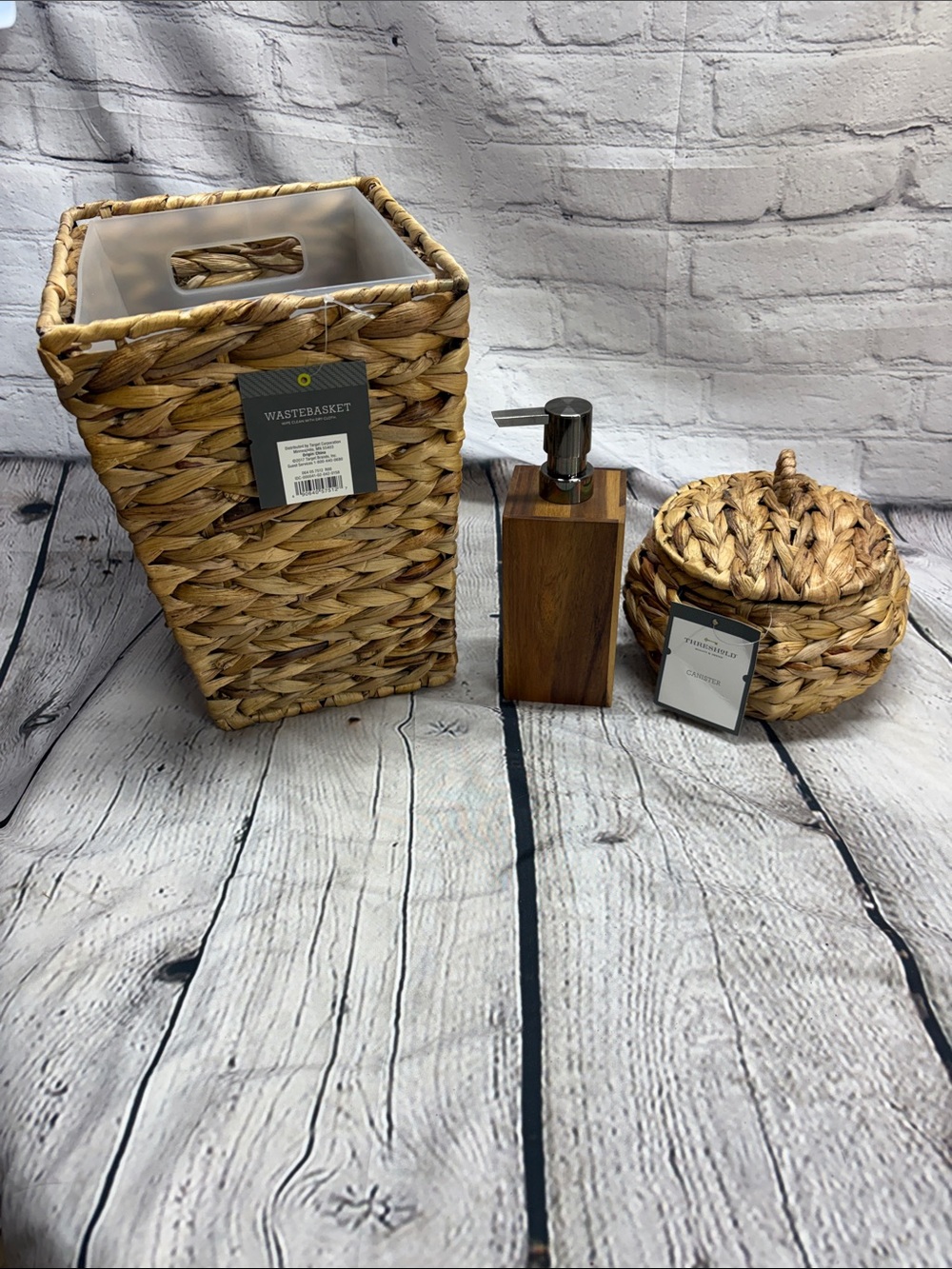 Woven Natural Bathroom Set with Wood-Look Soap Dispenser - Waste Basket